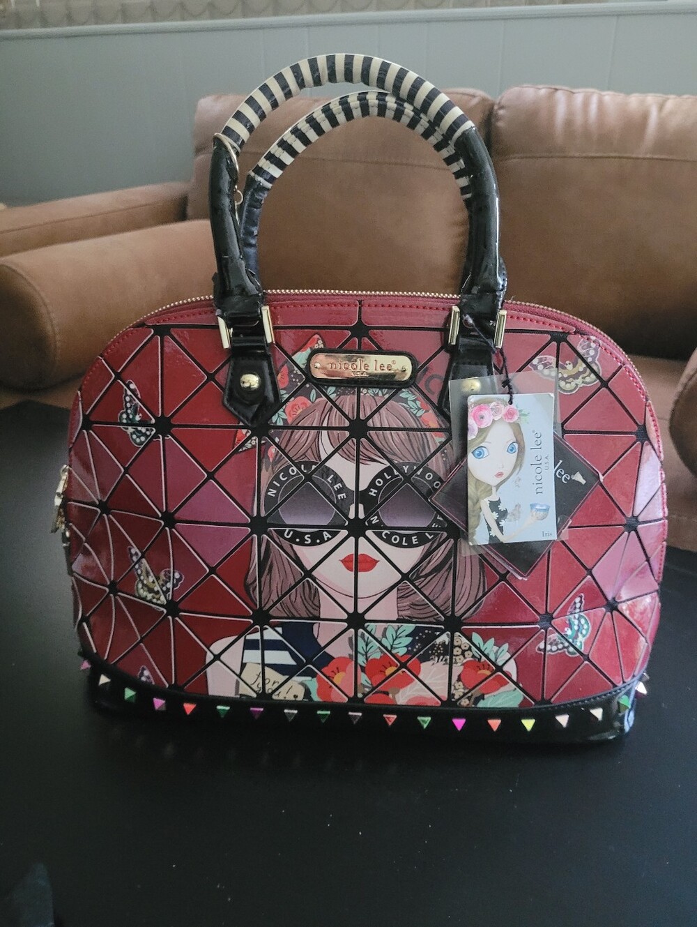 Nicole Lee Red Graphic Dome Satchel with Black Accents